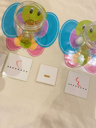 لعبة ثلاثة في واحد لمفهوم العدد ومدلوله ومفهوم الجمع ومفهوم الطرح ( لوحة قاعدة مقاس a4 مقوى يمكن الكتابة عليها بقلم سبورة مزودة بصورتي فراشة ، مساحة لكتابة العدد ، علامتي جمع وطرح مزودة بشك شكاك للتغيير ، علبتين شفافة بلاستيكية ، 20 قطعة احجار تأتي بالوان