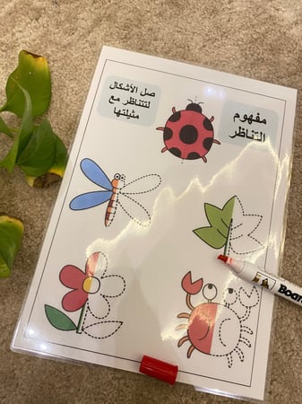 لوحة مفهوم الانعكاس لتنمية المهارات الادراكية والبصرية ( لوحة مقاس a4 بوجهين وستة اشكال طباعة ملونة ومغلفة حراريًا + اعواد خشبية ملونة صغيرة )