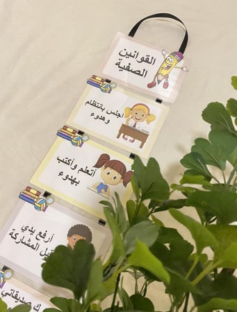 القوانين الصفية التي يحترمها الطفل داخل الصف ( ستة بطاقات ، طباعة ملونة ومغلفة حراريًا )