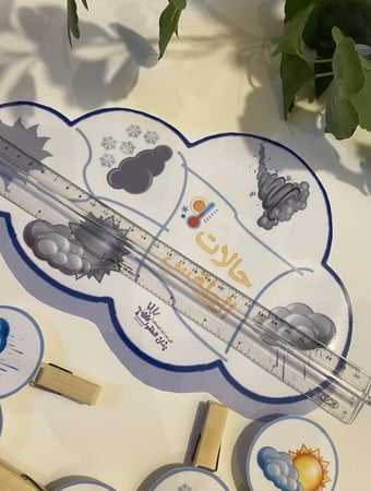 احجية حالات الطقس مناسبة لوحدة الطقس ( تحوي على قاعدة طباعة ملونة ومغلفة حراريًا + 6 قطع صور طباعة ملونه ومغلفة حراريًا ومزودة بمشابك خشبية )