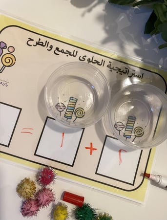 استراتيجية الحلوى لمفهومي الجمع والطرح ( تحوي على قاعدة مقاس a4 طباعة ملونة ومغلفة حراريًا مزودة بخانات لكتابة الاعداد وعلبتين بلاستيكية لوضع القطن الملون + قطع قطن ملون )