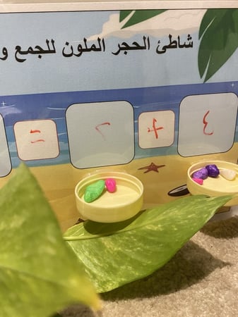 لعبة 2 في 1 لمفهوم الجمع ومفهوم الطرح ( لوحة قاعدة مقاس a4 مقوى يمكن الكتابة عليها بقلم سبورة مزودة بقاعدتين دائريتين ، مساحة لكتابة العدد ، 20 قطعة احجار تأتي بألوان متعددة )