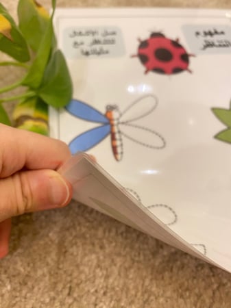 لوحة مفهوم الانعكاس لتنمية المهارات الادراكية والبصرية ( لوحة مقاس a4 بوجهين وستة اشكال طباعة ملونة ومغلفة حراريًا + اعواد خشبية ملونة صغيرة )