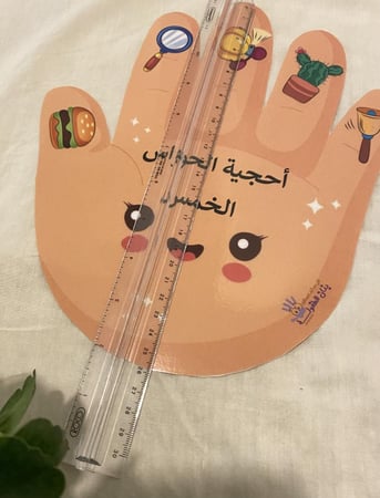 استراتيجية اليد مناسبة لمفهوم الحواس ( نشاط إدراكي يحتوي صورة يد مزودة بأشكال طباعة ملونة ومغلفة حراريًا + ستة مشابك خشبية كبيرة مزودة بصور للتطابق طباعة ملونة ومغلفة حراريا )