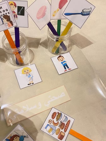 لعبة تصنيف تناسب وحدة صحتي وسلامتي ( قاعدة بلاستيك مقاس a4 مزودة بصور وثلاث علب بلاستيكية ، 9 صور مزودة بأعواد ايسكريم خشبية )