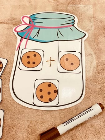 استراتيجية الكوكيز للعدد والمدلول ويمكن استخدامها في عدة عمليات حسابية كالجمع والطرح ( 12 بطاقة كوكيز ، لوح قابلة للكتابة والمسح عليها مقاس A4 ، قلم سبورة ) طباعة ليزر ومغلفة حراريًا