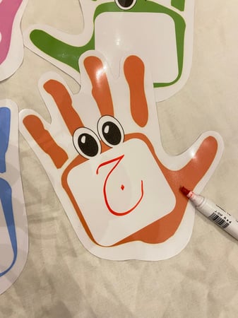 بطاقات الأيدي الملونة ( أربعة بطاقات يمكن الكتابة والمسح عليها طباعة ليزر ومغلفة حراريا مقاس 21*11سم مع اضافة مغناطيس )