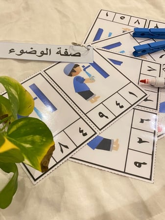 نشاط ترتيب صفة الوضوء ( اربعة بطاقات مغلفة حراريًا ومزودة بالصور مقاس a5 + حلقة معدنية + يمكن استخدام قلم السبورة او المشابك لاختيار الخطوات )