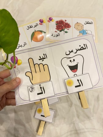 بطاقات تمييز اللام القمرية والشمسية ( 4 بطاقات طباعة ليزر ومغلفة حراريًا مقاس a5 + 4 مشابك خشبية )