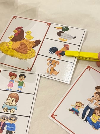 بطاقات وحدة العائلة ( 4 بطاقات مقاس a5 طباعة ليزر ومغلفة حراريًا ، مشبك خشبي ملون )