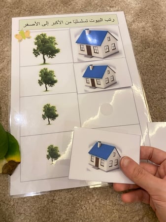 احجية مناسبة لمفهوم التسلسل لطفل الروضة ( لوحة مقاس a4 مزودة بشك شاك واربعة صور + اربعة بطاقات مزودة بشك شاك ، طباعة ملونة ومغلفة حراريًا )
