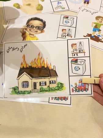 بطاقات مطابقة تناسب وحدة صحتي وسلامتي ( 6 بطاقات مقاس a5 طباعة ليزر ومغلفة حراريًا ، مشبك خشبي )