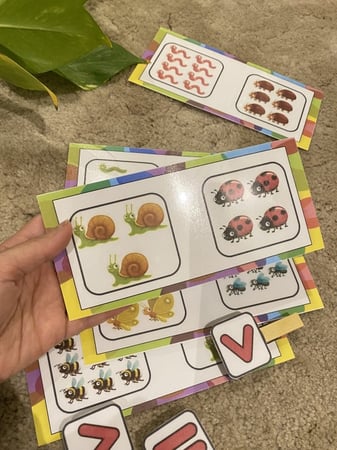 بطاقات المقارنة ( اكبر من ، اصغر من ، يساوي ) خمسة بطاقات طباعة ملونة ومغلفة حراريًا + ثلاث مشابك خشبية مزودة بعلامات المقارنة طباعة ملونة ومغلفة حراريًا )