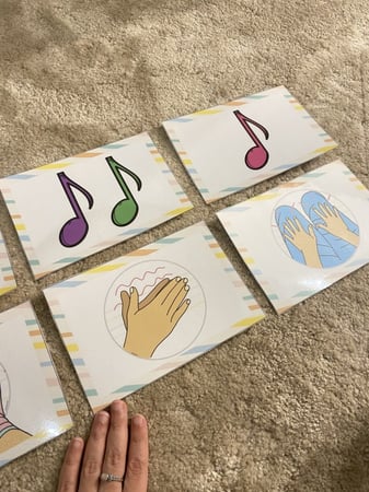 نشاط الإيقاع الجسدي مناسب لمنطقة الايقاع والحركة ( يحوي أربعة بطاقات لمناطق الجسد يمكن استخدامها في الايقاع + اربعة بطاقات للنوتات ، يمكن ترتيبها بالطريقة المناسبة ويقوم الطفل بالتصفيق او تحريك اجزاء جسمه حسب الصورة التي امامه بعدد النوتات التي امامه ) جم