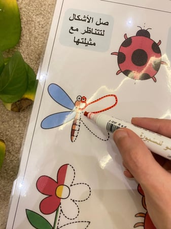 لوحة مفهوم الانعكاس لتنمية المهارات الادراكية والبصرية ( لوحة مقاس a4 بوجهين وستة اشكال طباعة ملونة ومغلفة حراريًا + اعواد خشبية ملونة صغيرة )