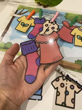 استراتيجية حبل الملابس للعدد ومدلوله ( يحتوي على قاعدة مقاس a4 مزودة بخانة لكتابة العدد وشريطة لتعليق الصور + مشابك خشبية صغيرة + صور لملابس ) جميعها طباعة ملونة ومغلفة حراريا