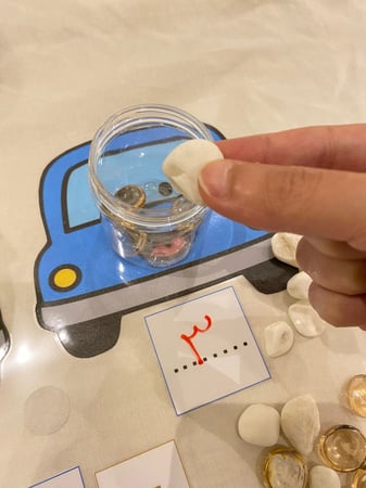 لعبة ثلاثة في واحد لمفهوم العدد ومدلوله ومفهوم الجمع ومفهوم الطرح ( لوحة قاعدة مقاس a4 مقوى يمكن الكتابة عليها بقلم سبورة مزودة بصورتي سيارة ، مساحة لكتابة العدد ، علامتي جمع وطرح مزودة بشك شكاك للتغيير ، علبتين شفافة بلاستيكية ، 20 قطعة احجار تأتي بالوان