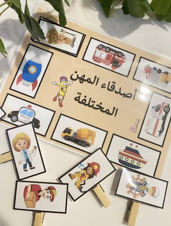 نشاط إدراكي مناسب لوحدة المهن او المواصلات ( قاعدة مقاس A4 طباعة ملونة ومغلفة حراريًا ومزودة بصور + 8 قطع صور طباعة ملونة ومغلفة حراريًا )