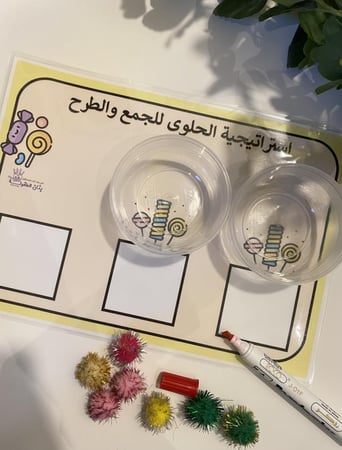 استراتيجية الحلوى لمفهومي الجمع والطرح ( تحوي على قاعدة مقاس a4 طباعة ملونة ومغلفة حراريًا مزودة بخانات لكتابة الاعداد وعلبتين بلاستيكية لوضع القطن الملون + قطع قطن ملون )