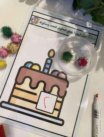 استراتيجية قطع الحلوى للعدد ومدلوله ( تحوي على قاعدة مقاس a4 طباعة ملونة ومغلفة حراري مزودة بخانة لكتابة العدد وخانة بلاستيكية لوضع قطع القطن الملون + قطن ملون )