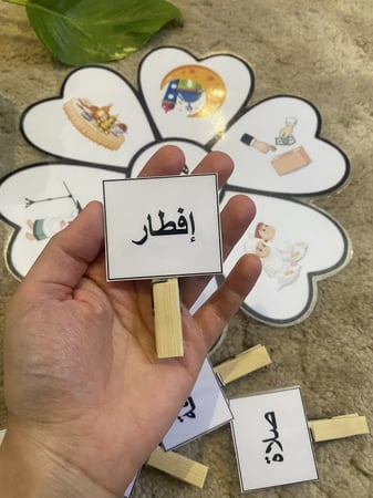 استراتيجية الزهرة للكلمات ومناسبة لوحدة اهلا رمضان ( لوحة شكل زهرة طباعة ملونة ومغلفة حراريًا + ستة مشابك كبيرة مزودة بكلمات مغلفة حراريًا )