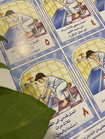 لوحة تعليمية لمفهوم الوضوء مزودة بالصور ومرقمة تسلسليًا لتساعد الطفل في تثبيت كيفية الوضوء الصحيحة ( طباعة ملونة خامة ورق مقوى لامع مقاس 50*70 سم )