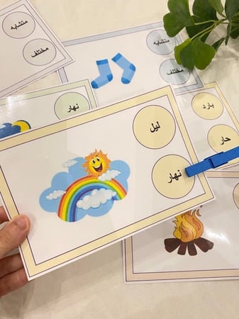 بطاقات المتضادات الشئ وعكسه لتهيئة الطفل ( 6 بطاقات مقاس A4 طباعة ليزر ومغلفة حراريًا ، مشبك خشبي ملون )