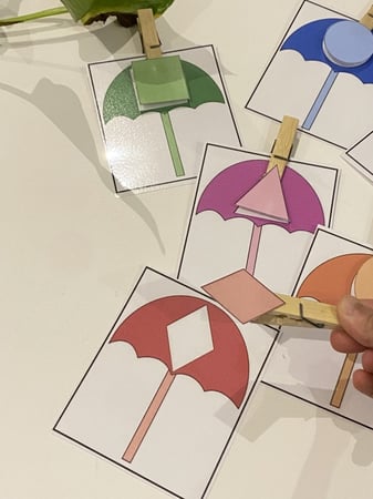 بطاقات مطابقة الأشكال الهندسية بالمشابك الخشبية ، نشاط إدراكي عبارة عن 6 بطاقات و 6 مشابك خشبية مزودة بصور للتطابق طباعة ملونة ومغلفة حراريًا