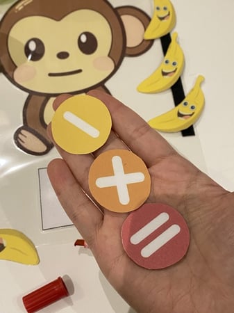 استراتيجية القرد والموز للعدد ومدلوله والجمع والطرح ( يحتوي قاعدة مقاس a4 مزود بصورة قرد وشك شاك في الجوانب + قطع موز صغيرة مزودة بشك شاك + علامتي جمع وطرح ويساوي مزودة بشك شاك + خانة لكتابة العدد ) جميعها طباعة ملونة ومغلفة حراريا