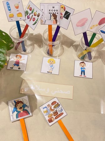 لعبة تصنيف تناسب وحدة صحتي وسلامتي ( قاعدة بلاستيك مقاس a4 مزودة بصور وثلاث علب بلاستيكية ، 9 صور مزودة بأعواد ايسكريم خشبية )