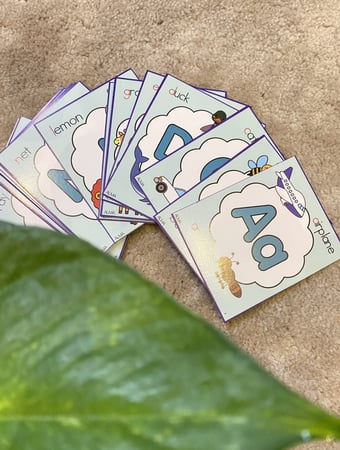 بطاقات الحروف الانجليزية مزودة بمدلولات للتعرف على الحرف ( 28 بطاقة ورق مقوى مقاس 12*10 سم )