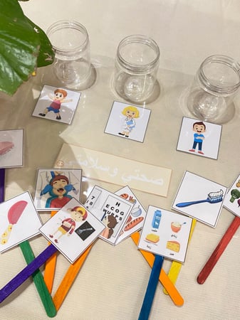 لعبة تصنيف تناسب وحدة صحتي وسلامتي ( قاعدة بلاستيك مقاس a4 مزودة بصور وثلاث علب بلاستيكية ، 9 صور مزودة بأعواد ايسكريم خشبية )