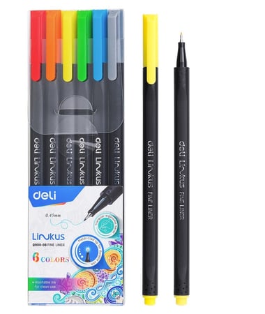 ديلي طقم اقلام 6 الوان، أقلام طرف رفيع 0.45 مم، قابل للغسل