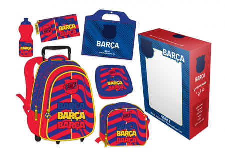 برشلونه طقم شنطة ترولي 45 في 1 (18 بوصة) ، مجموعة تلوين ، صندوق غداء ، زمزمية ، شنطة طعام ، مقلمة - أزرق & أحمر