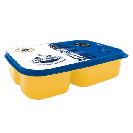 ريال مدريد صندوق غداء بلاستيك 3 أقسام للأطفال ، صندوق غداء صديق للبيئة ، للمدرسة ، والنزهات ، والسفر ووجبات التخييم - أصفر & أزرق