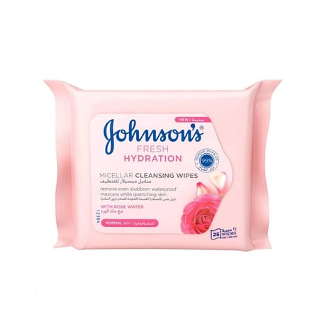 جونسون مناديل منظفة للوجه مع ماء الورد للبشره العاديه 25 قطعة