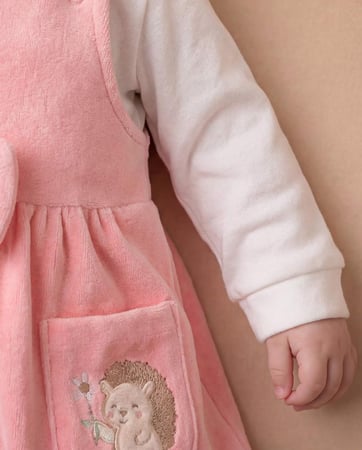 فستان بيبي بناتي قطيفة مطرز على الجيب قنفذ يحمل زهرة مع كنزة قطيفة سكري