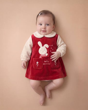 : فستان بيبي مخمل شتوي مطرز ارنوبة تتكئ علي نافذة + جيبين مطرزين ازهار