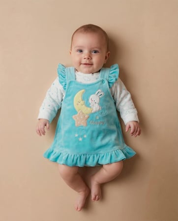 فستان بيبي قطيفة  معا كنزة مطبوعة غيوم ونجوم , الفستان مطرز ارنوب وفراشة علي هلال ونجوم