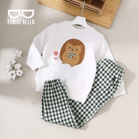 بيجامة بناتي الكنزة ميلتون مطبوع قنفذ وزهرة والبنطال نسيج كارو