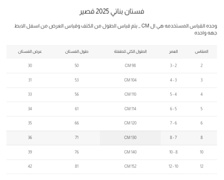 جدول قياسات فستان بناتي ازرق سماوي