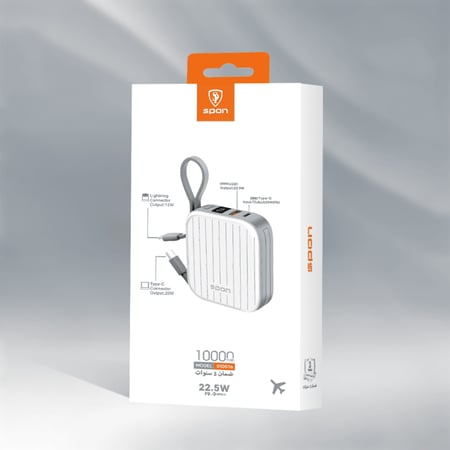 باور بانك محمول بكيابل مدمجة بسعة 10,000 مللي أمبير بتصميم أنيق يشبه ح