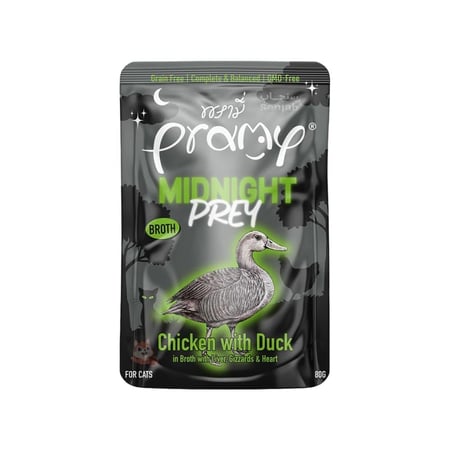 برامي ميدنايت أظرف بطعم الدجاج مع البط في المرق طعام رطب متكامل ومتوازن للقطط البالغة 80 غ