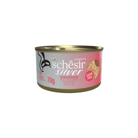 شيزر سيلفر بالدجاج والبط موس وشرائح فيليه - طعام رطب كامل ومتوازن للقطط المسنة - 70 غرام