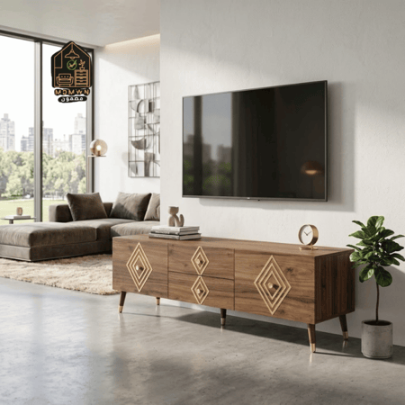 طاولة تلفزيون بنقوش هندسية ذهبية مقاسات