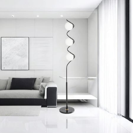 مصباح أرضي بتصميم لولبي نحاسي حلزوني الشكل 3 مصابيح لون اسود وأبيض