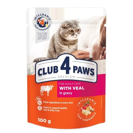 طعام رطب للقطط البالغة بلحم العجل مع الجلي 100 جرام Club 4 Paws
