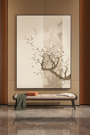 لوحة فنية راقية مستوحاة من الأسلوب الآسيوي التقليدي، تُظهر فرع شجرة مزهر بتفاصيل دقيقة وألوان ترابية ناعمة. مطبوعة على قماش الكانفس موديل (3051)