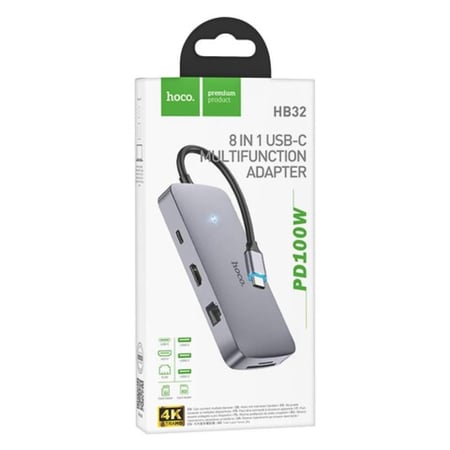 محول متعدد الوظائف 8 في 1 بمنفذ USB-C من علامة Hoco (الموديل HB32)