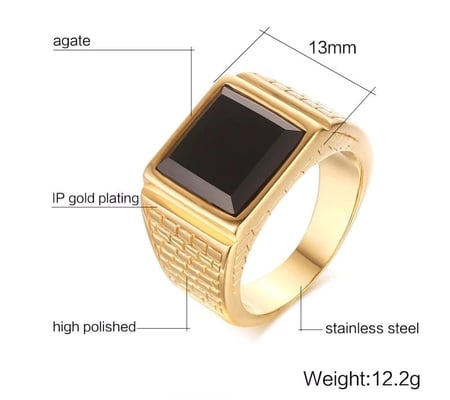 خاتم رجالي ستانليس ستيل مطلي ذهب بتصميم مميز وحجر أسود لون ذهبي